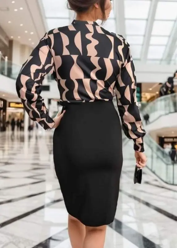 Women's Long Sleeve Crossover Collar Digital Printed Bow Detail Atlas Fabric Dress - 5