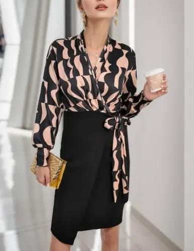 Women's Long Sleeve Crossover Collar Digital Printed Bow Detail Atlas Fabric Dress - 6