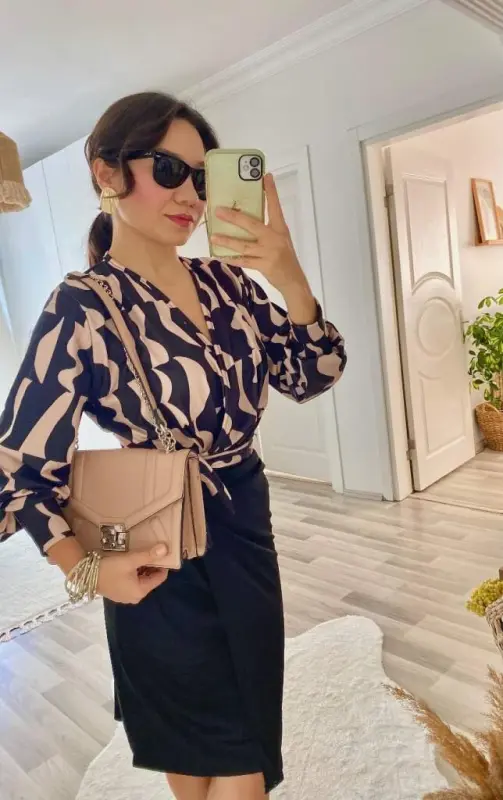 Women's Long Sleeve Crossover Collar Digital Printed Bow Detail Atlas Fabric Dress - 7