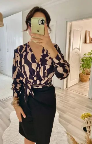 Women's Long Sleeve Crossover Collar Digital Printed Bow Detail Atlas Fabric Dress - 8