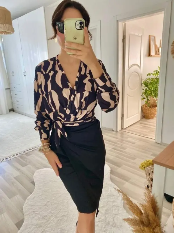 Women's Long Sleeve Crossover Collar Digital Printed Bow Detail Atlas Fabric Dress - 9