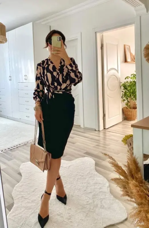 Women's Long Sleeve Crossover Collar Digital Printed Bow Detail Atlas Fabric Dress - 10