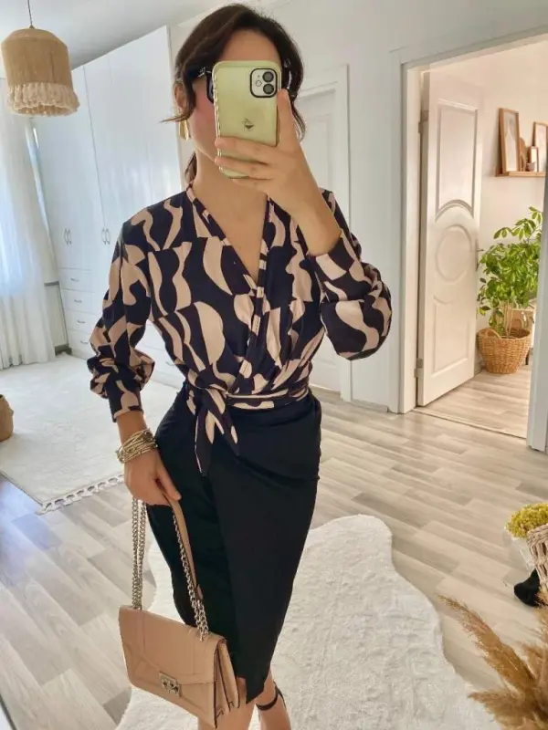 Women's Long Sleeve Crossover Collar Digital Printed Bow Detail Atlas Fabric Dress - 12