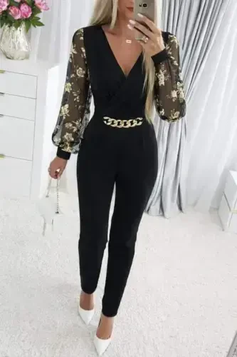 Women's Long Sleeve Crossover Collar Floral Sleeve Crinkle Crepe Jumpsuit - 1