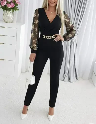 Women's Long Sleeve Crossover Collar Floral Sleeve Crinkle Crepe Jumpsuit - BÜYÜKBEDENIZ (1)