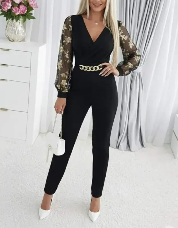 Women's Long Sleeve Crossover Collar Floral Sleeve Crinkle Crepe Jumpsuit - 2