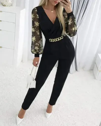 Women's Long Sleeve Crossover Collar Floral Sleeve Crinkle Crepe Jumpsuit - 3