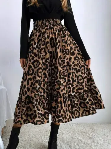 Women's Long Sleeve Crossover Collar Imported Crepe Blouse and Leopard Print Supima Long Dress - BÜYÜKBEDENIZ (1)