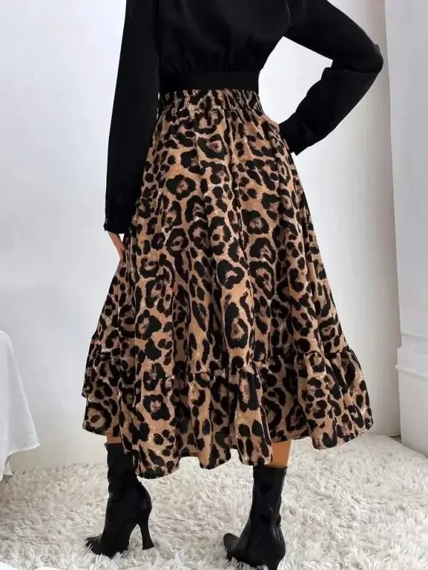 Women's Long Sleeve Crossover Collar Imported Crepe Blouse and Leopard Print Supima Long Dress - 4