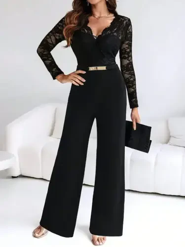 Women's Long Sleeve Crossover Collar Lace-up Front Buckle Detail Long Imported Crepe Jumpsuit - BÜYÜKBEDENIZ (1)