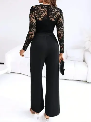Women's Long Sleeve Crossover Collar Lace-up Front Buckle Detail Long Imported Crepe Jumpsuit - 5