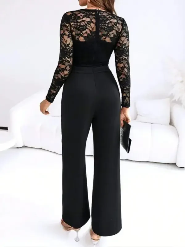 Women's Long Sleeve Crossover Collar Lace-up Front Buckle Detail Long Imported Crepe Jumpsuit - 5