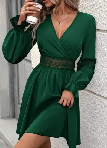 Women's Long Sleeve Crossover Collar Lace Zipper Detailed Mini Imported Crepe Dress - 1