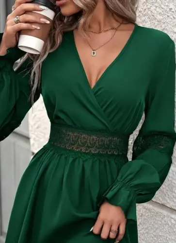 Women's Long Sleeve Crossover Collar Lace Zipper Detailed Mini Imported Crepe Dress - BÜYÜKBEDENIZ (1)