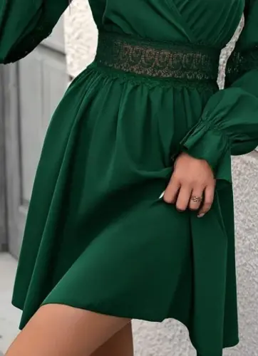 Women's Long Sleeve Crossover Collar Lace Zipper Detailed Mini Imported Crepe Dress - 3