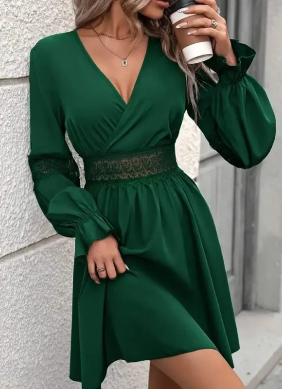 Women's Long Sleeve Crossover Collar Lace Zipper Detailed Mini Imported Crepe Dress - 4