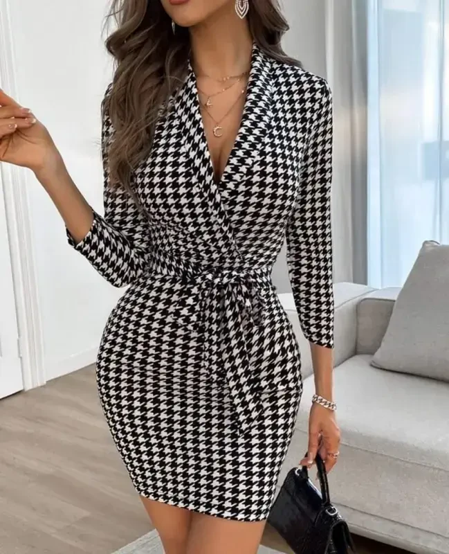 Women's Long Sleeve Crossover Collar Tie Belt Scuba Mini Dress - 8