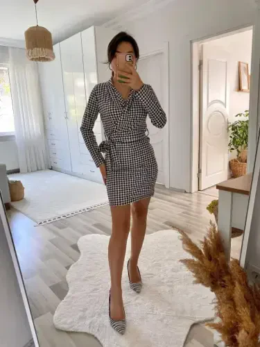 Women's Long Sleeve Crossover Collar Tie Belt Scuba Mini Dress - 12