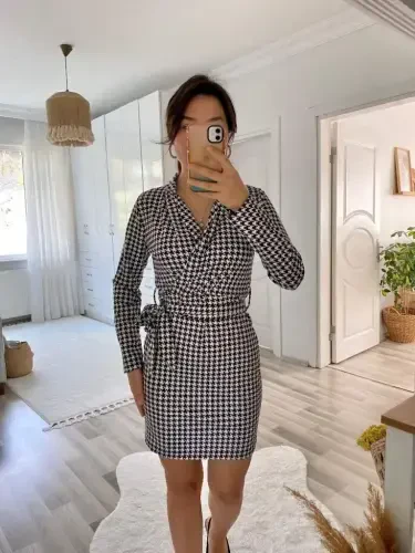 Women's Long Sleeve Crossover Collar Tie Belt Scuba Mini Dress - 16