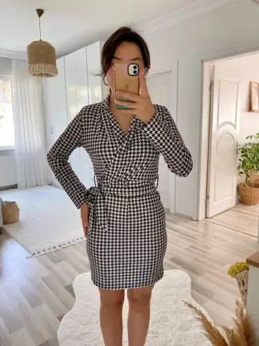 Women's Long Sleeve Crossover Collar Tie Belt Scuba Mini Dress - 19