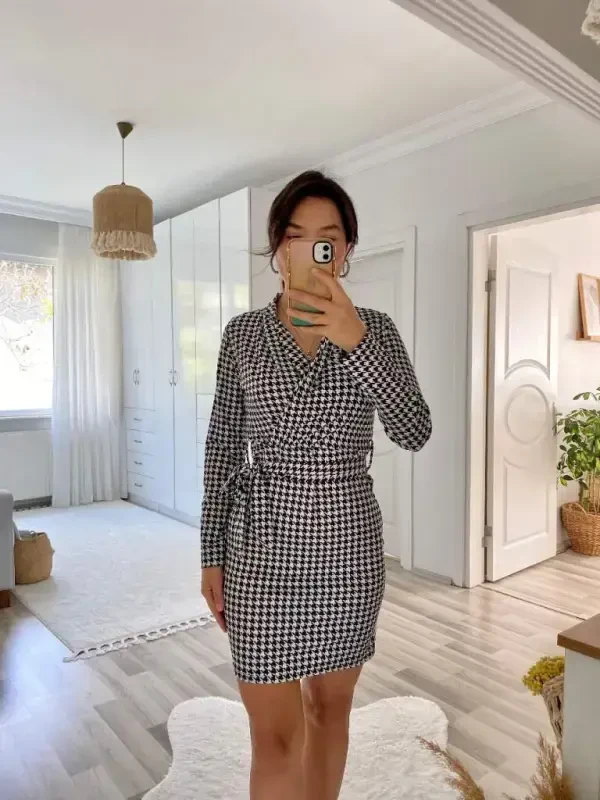 Women's Long Sleeve Crossover Collar Tie Belt Scuba Mini Dress - 21