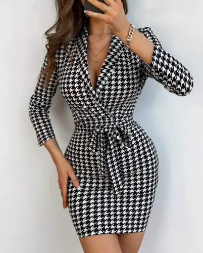 Women's Long Sleeve Crossover Collar Tie Belt Scuba Mini Dress - 5