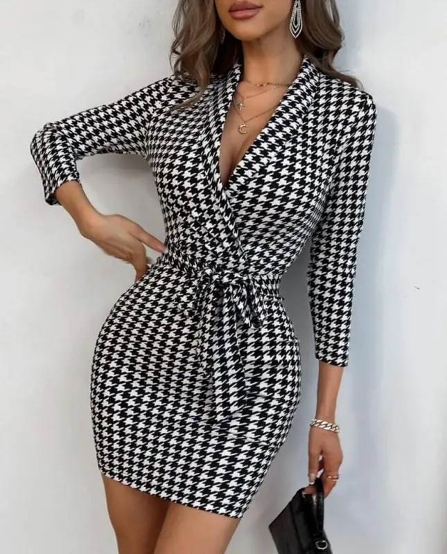 Women's Long Sleeve Crossover Collar Tie Belt Scuba Mini Dress - 6