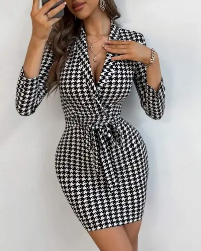 Women's Long Sleeve Crossover Collar Tie Belt Scuba Mini Dress - 7