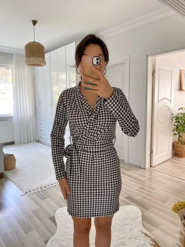 Women's Long Sleeve Crossover Collar Tie Belt Scuba Mini Dress - 14