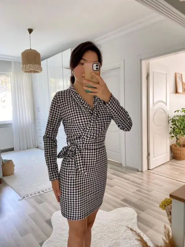 Women's Long Sleeve Crossover Collar Tie Belt Scuba Mini Dress - 19
