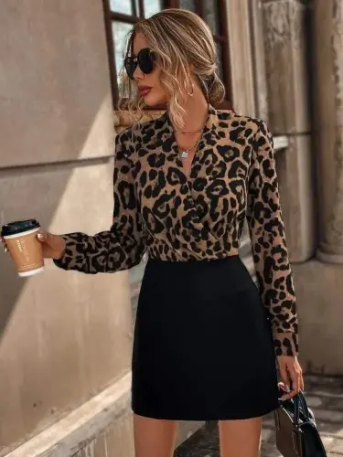 Women's Long Sleeve Crossover Collar Top Diver Bottom Imported Crepe Mini Dress - 1