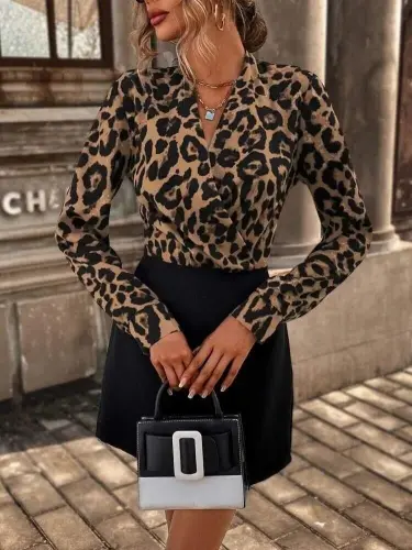 Women's Long Sleeve Crossover Collar Top Diver Bottom Imported Crepe Mini Dress - 5