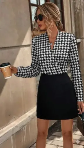 Women's Long Sleeve Crossover Collar Top Diver Bottom Imported Crepe Mini Dress - 1