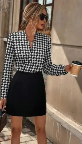 Women's Long Sleeve Crossover Collar Top Diver Bottom Imported Crepe Mini Dress - 3