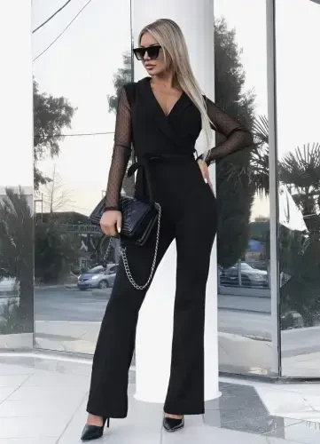 Women's Long Sleeve Crossover Collar Tulle Detail Waist Belted Imported Crepe Jumpsuit - 2