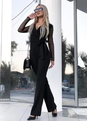 Women's Long Sleeve Crossover Collar Tulle Detail Waist Belted Imported Crepe Jumpsuit - 3