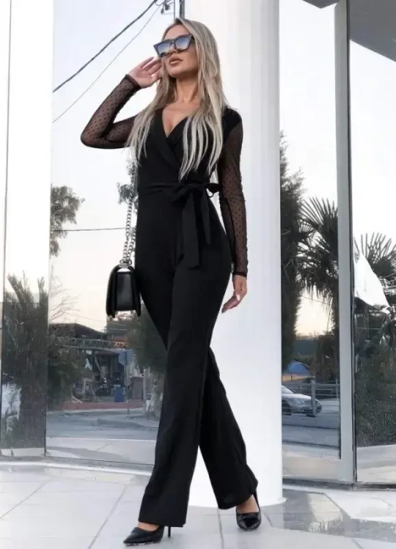 Women's Long Sleeve Crossover Collar Tulle Detail Waist Belted Imported Crepe Jumpsuit - 3