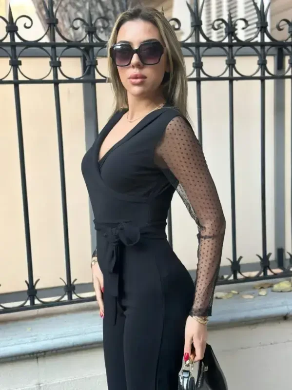 Women's Long Sleeve Crossover Collar Tulle Detail Waist Belted Imported Crepe Jumpsuit - 6