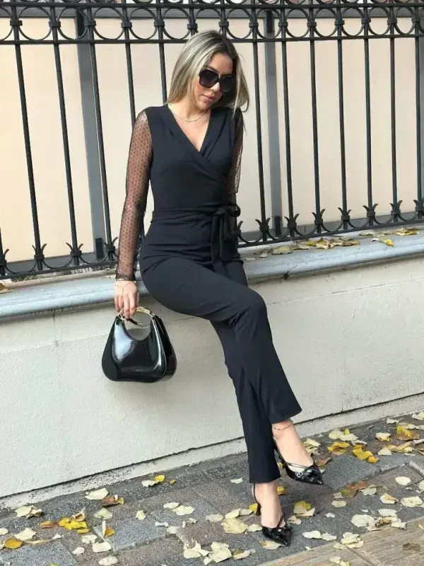 Women's Long Sleeve Crossover Collar Tulle Detail Waist Belted Imported Crepe Jumpsuit - 7