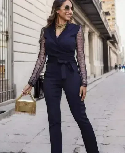 Women's Long Sleeve Crossover Collar Tulle Detail Waist Belted Imported Crepe Jumpsuit - 9