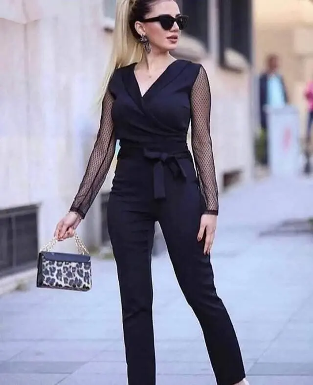 Women's Long Sleeve Crossover Collar Tulle Detail Waist Belted Imported Crepe Jumpsuit - BÜYÜKBEDENIZ