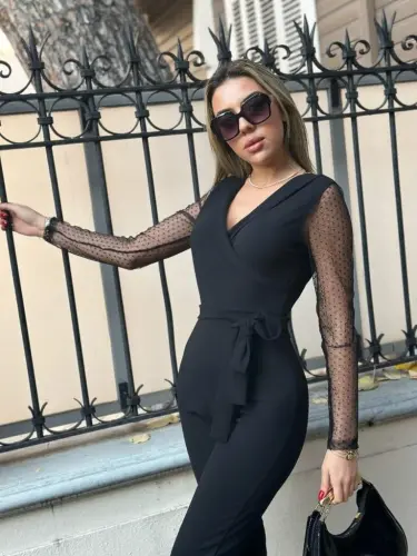 Women's Long Sleeve Crossover Collar Tulle Detail Waist Belted Imported Crepe Jumpsuit - 5