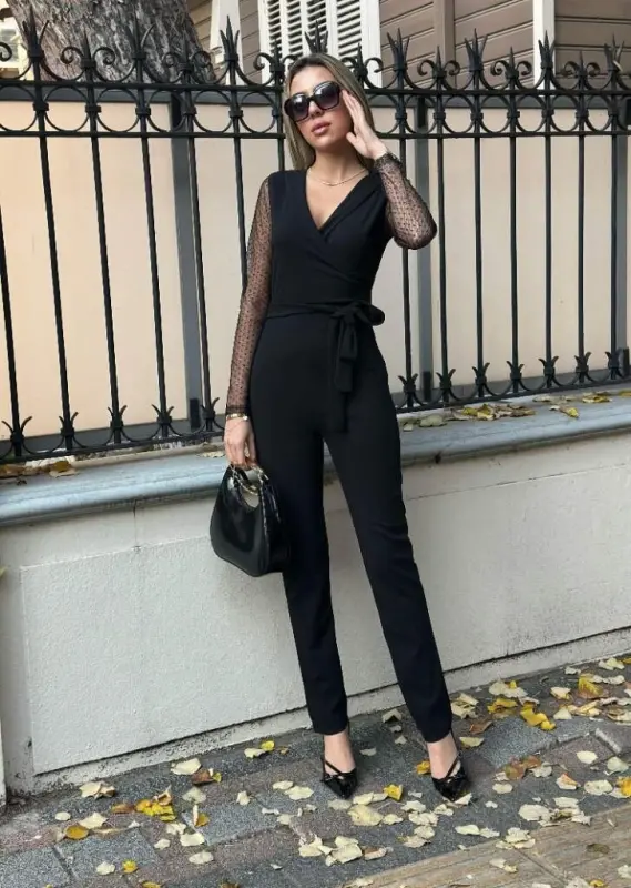 Women's Long Sleeve Crossover Collar Tulle Detail Waist Belted Imported Crepe Jumpsuit - 8