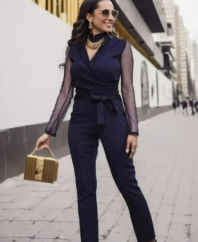 Women's Long Sleeve Crossover Collar Tulle Detail Waist Belted Imported Crepe Jumpsuit - 10