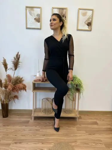 Women's Long Sleeve Crossover Collar Tulle Detail Waist Belted Imported Crepe Jumpsuit - 20