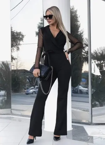 Women's Long Sleeve Crossover Collar Tulle Detail Waist Belted Imported Crepe Jumpsuit - BÜYÜKBEDENIZ (1)