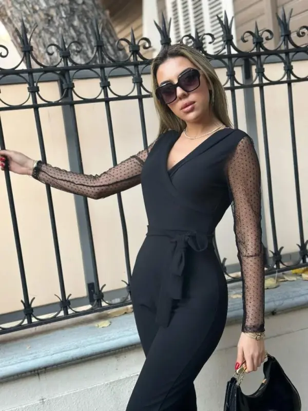 Women's Long Sleeve Crossover Collar Tulle Detail Waist Belted Imported Crepe Jumpsuit - 5