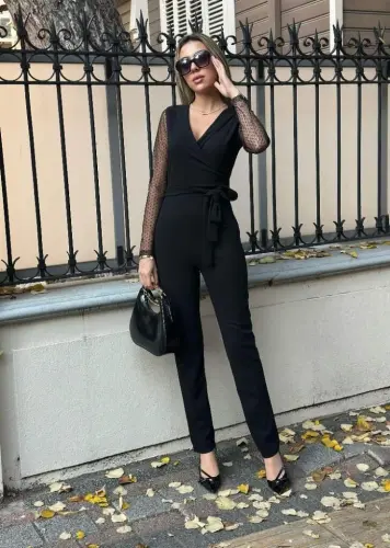 Women's Long Sleeve Crossover Collar Tulle Detail Waist Belted Imported Crepe Jumpsuit - 8