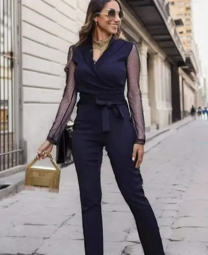 Women's Long Sleeve Crossover Collar Tulle Detail Waist Belted Imported Crepe Jumpsuit - 9