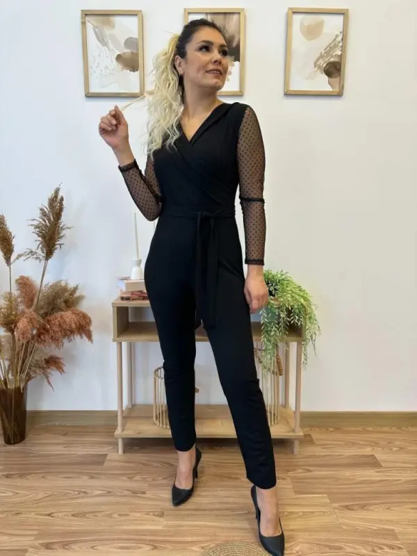 Women's Long Sleeve Crossover Collar Tulle Detail Waist Belted Imported Crepe Jumpsuit - 14